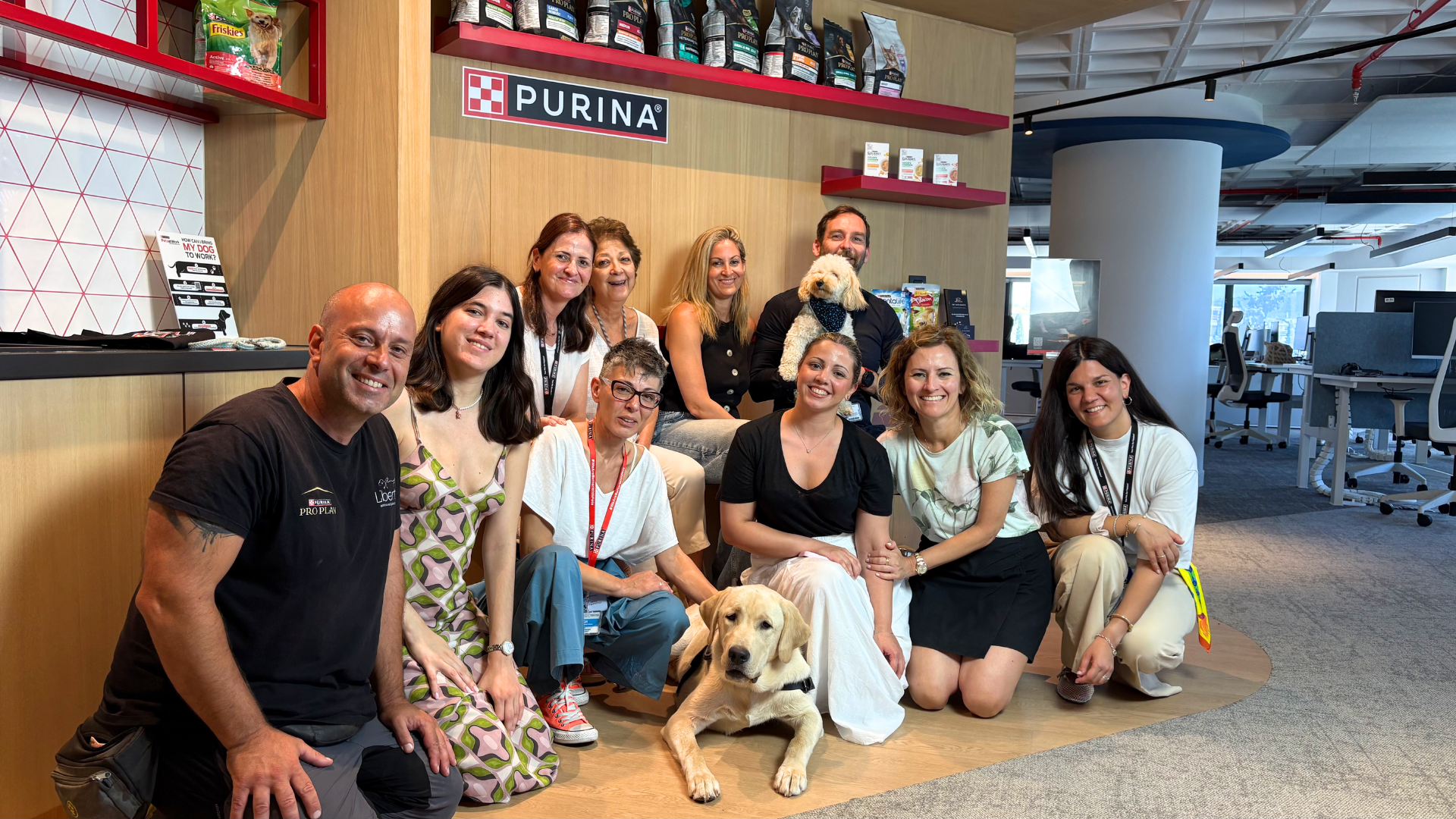 Η ομάδα της Purina στο γραφείο μαζί με 2 σκυλάκια